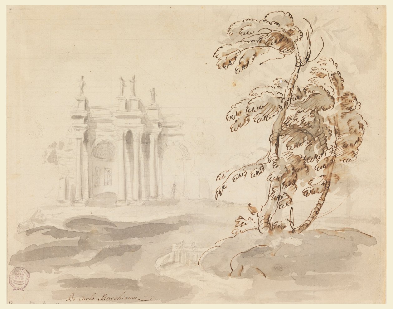 Piirros, Puu maisemassa rakennuksen kanssa, 1756-78 tekijältä Carlo Marchionni