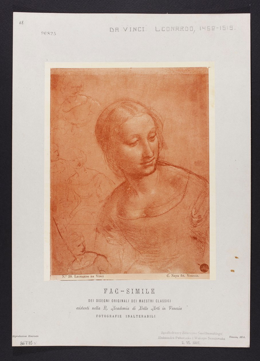 Studie eines weiblichen Büstenbildes, Zeichnung von Leonardo da Vinci (1452-1519) aus der Sammlung der R. Accademia di Belle Arti in Venedig; Tafel aus der Mappe: "Fac-simile dei disegni originali dei maestri classici esistenti nella R. Academia di Belle A tekijältä Carlo Naya