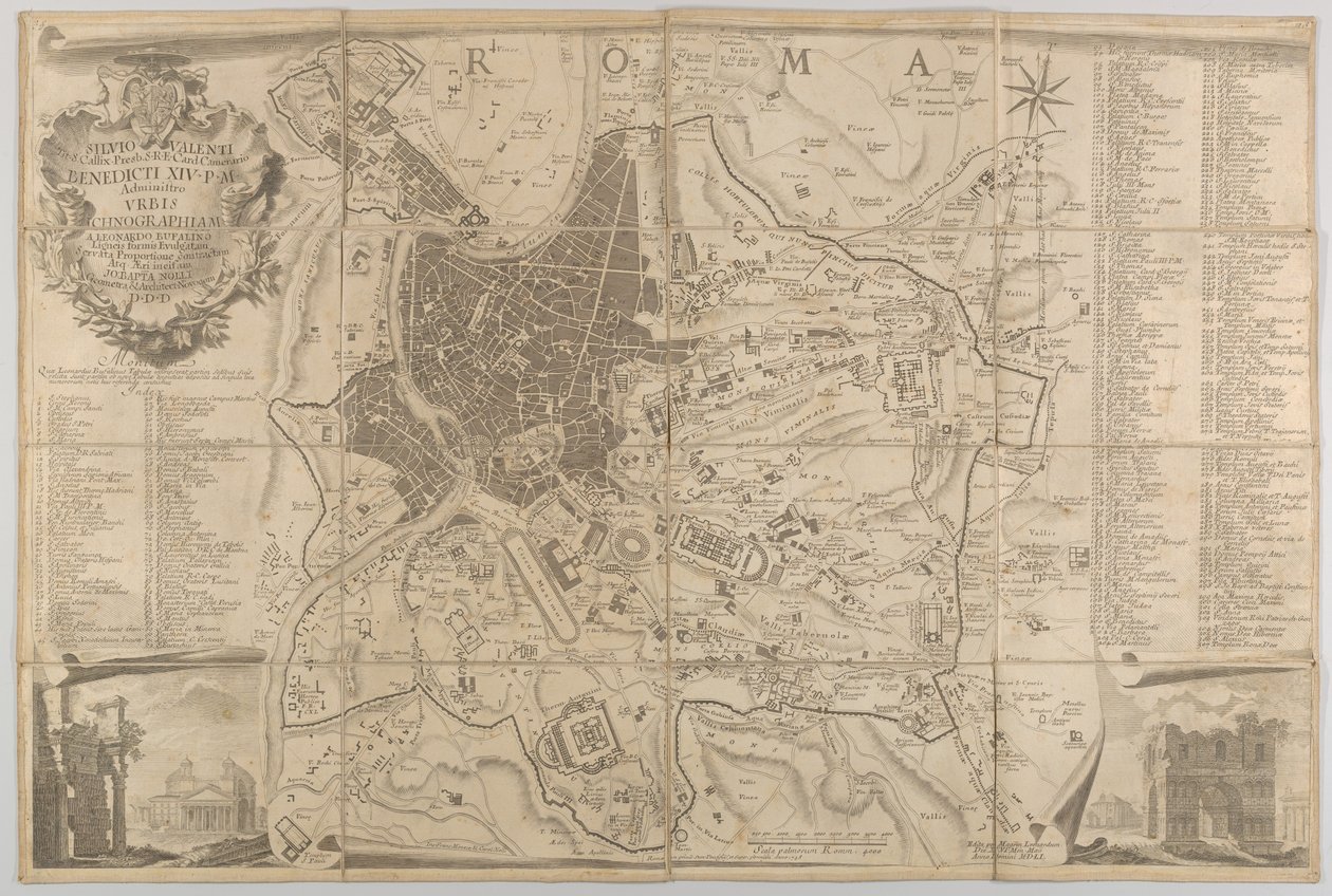 Muinaisen Rooman suunnitelma, josta on näkymät Pantheoniin alhaalla vasemmalla ja voittokaaren alalaiturilla..., 1748 tekijältä Carlo Nolli