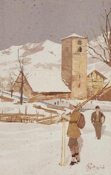 Näkymä Adelbodenista, Sveitsi (värilitro) tekijältä Carlo Pellegrini