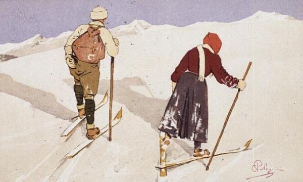 Murtomaahiihtäjät (väri litho) tekijältä Carlo Pellegrini