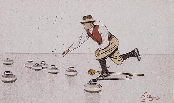 Mies heittää kiveä curling-pelissä (värilitho) tekijältä Carlo Pellegrini