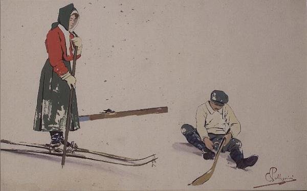 Suksensa kiinnittäminen (väri litho) tekijältä Carlo Pellegrini
