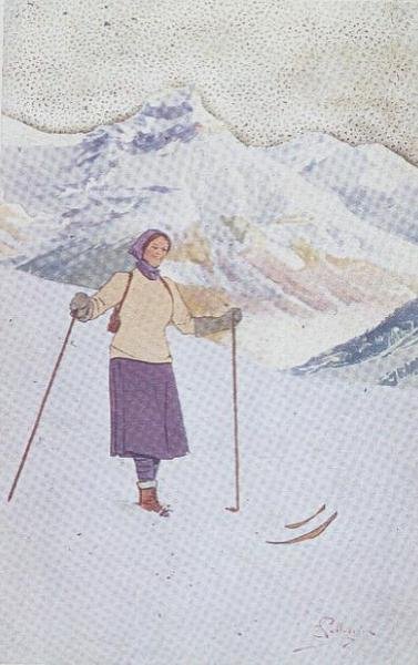 Hiihtäjä Engelbergin rinteillä, Sveitsi (väri litho) tekijältä Carlo Pellegrini