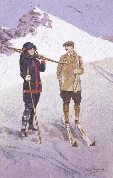 Hiihtäjät Adelbodenissa (värilitografia) tekijältä Carlo Pellegrini