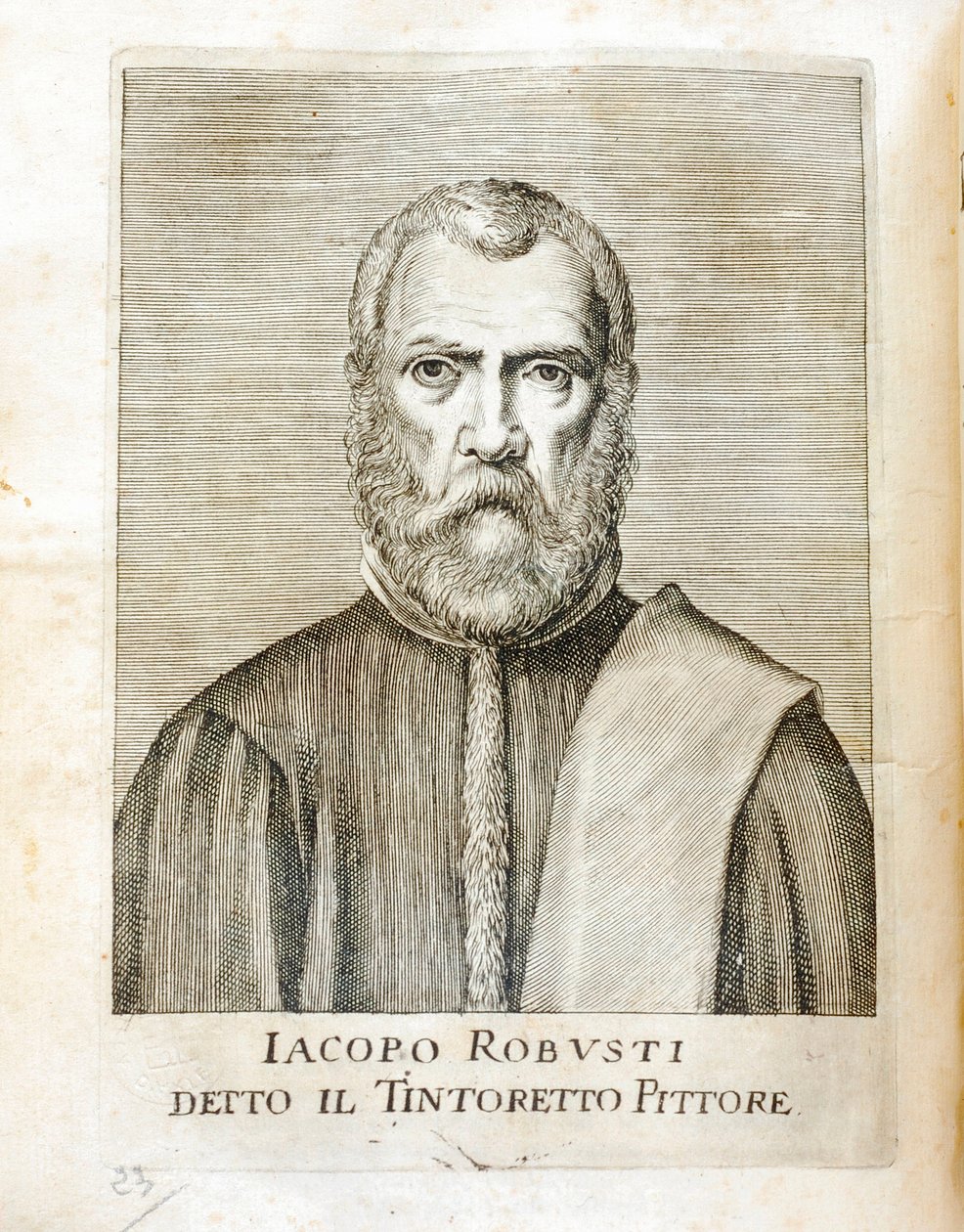 Muotokuva Jacopo Robusti dit le Tintoretista (Tintoretto) (1518-1594) italialainen taidemaalari Kaiverrus Carlo Ridolfin "Maraviglie dell