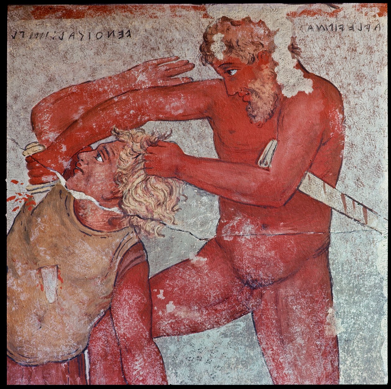 Etruskien sivilisaatio: "" Esitys troijalaisten vankien uhrauksesta Patrokluksen kunniaksi"" Carlo Ruspin (1786-1863) jäljennös Vulcin Francois-haudan freskoista 4. vuosisadalla eKr. Firenze, arkeologinen museo tekijältä Carlo Ruspi