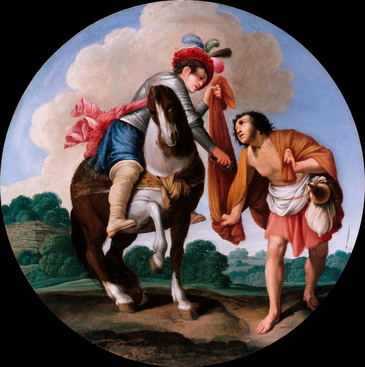 ""Pyhä Martin ja kerjäläinen"" (Pyhä Martin ja kerjäläinen) Carlo Saracenin (1579-1620) maalaus n. 1608-1610 - Öljy kuparille, halkaisija 21 cm Staatliche Museen, Berliini tekijältä Carlo Saraceni