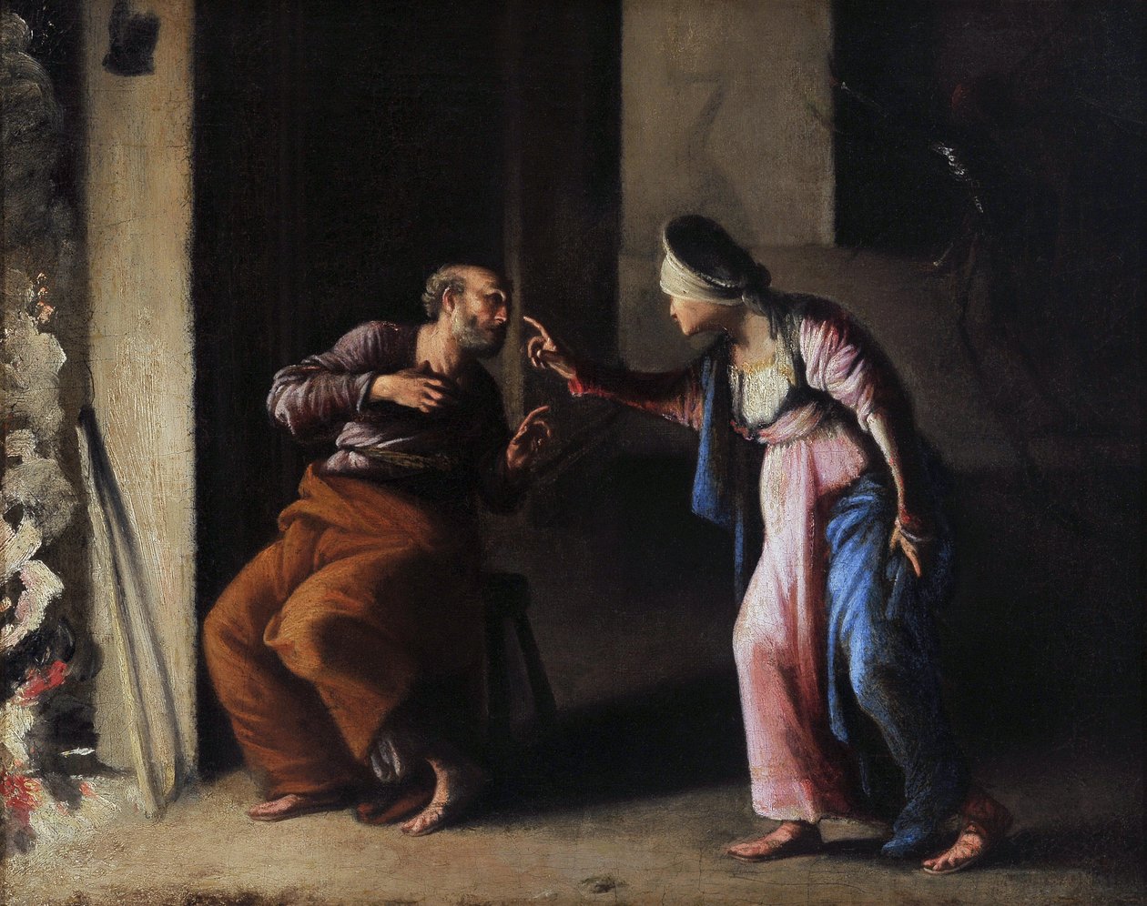 Pyhän Pietarin kieltäminen. Carlo Saracenin (1579-1620) maalaus. Öljy kankaalle. Mitat: 38 x 48 cm. Musee Granet, Aix en Provence. tekijältä Carlo Saraceni