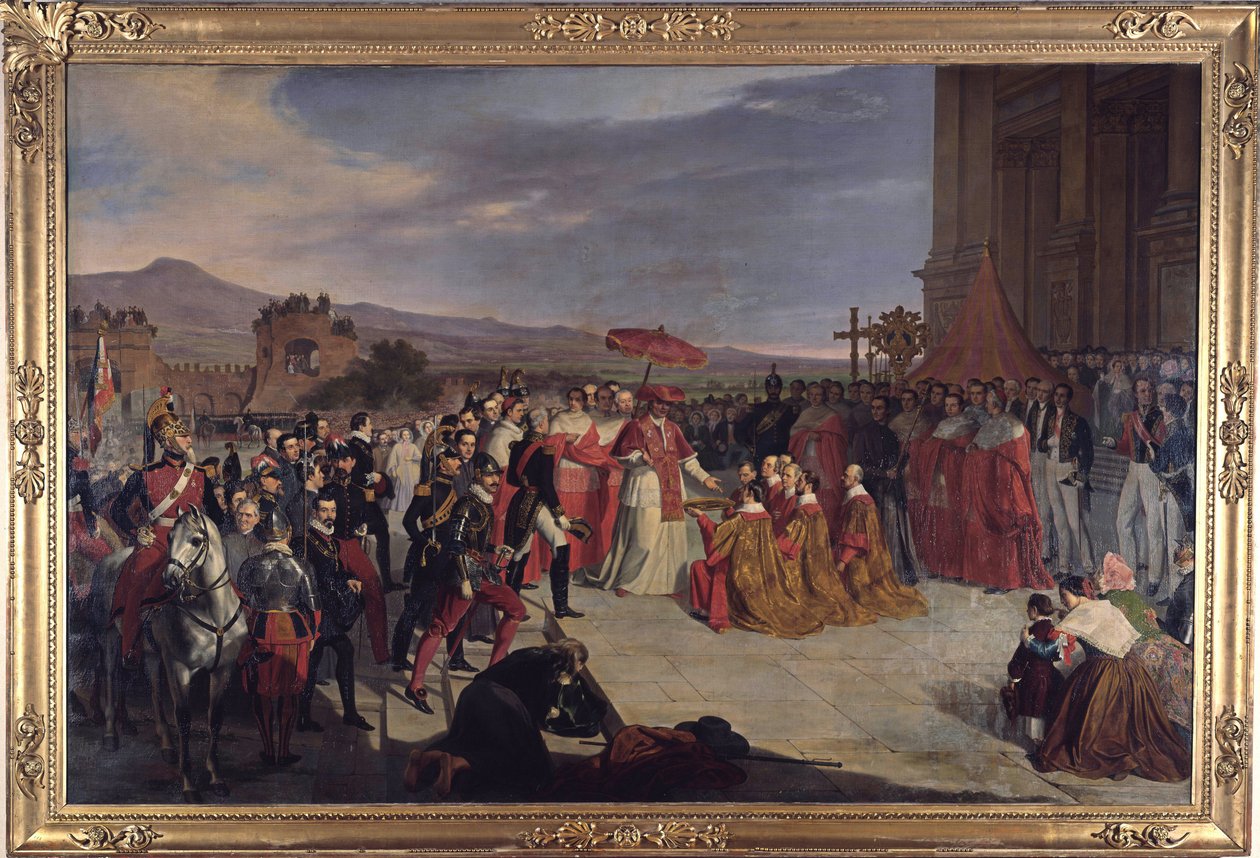 Paavi Pius IX pyhitti uudelleen Lateraanibasilikan Roomassa, De Paris, Carlo (1800-1861). Öljy kankaalle tekijältä Carlo de Paris