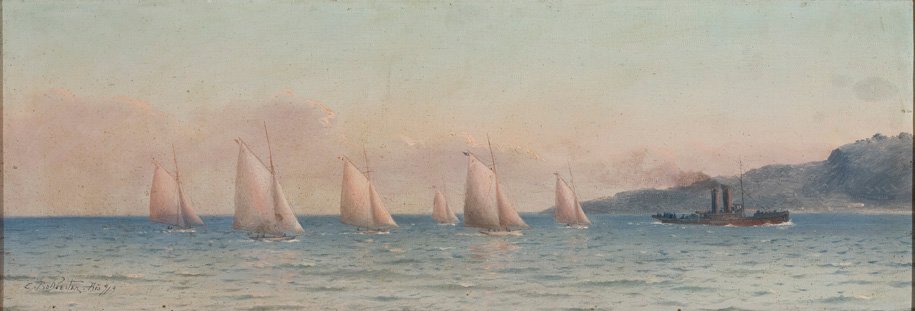 Merimaisema purjehduskilpailun ja hinausveneen kanssa Portugali: Marinha com Regata a Velas e Rebocadorn tekijältä Carlos Balliester