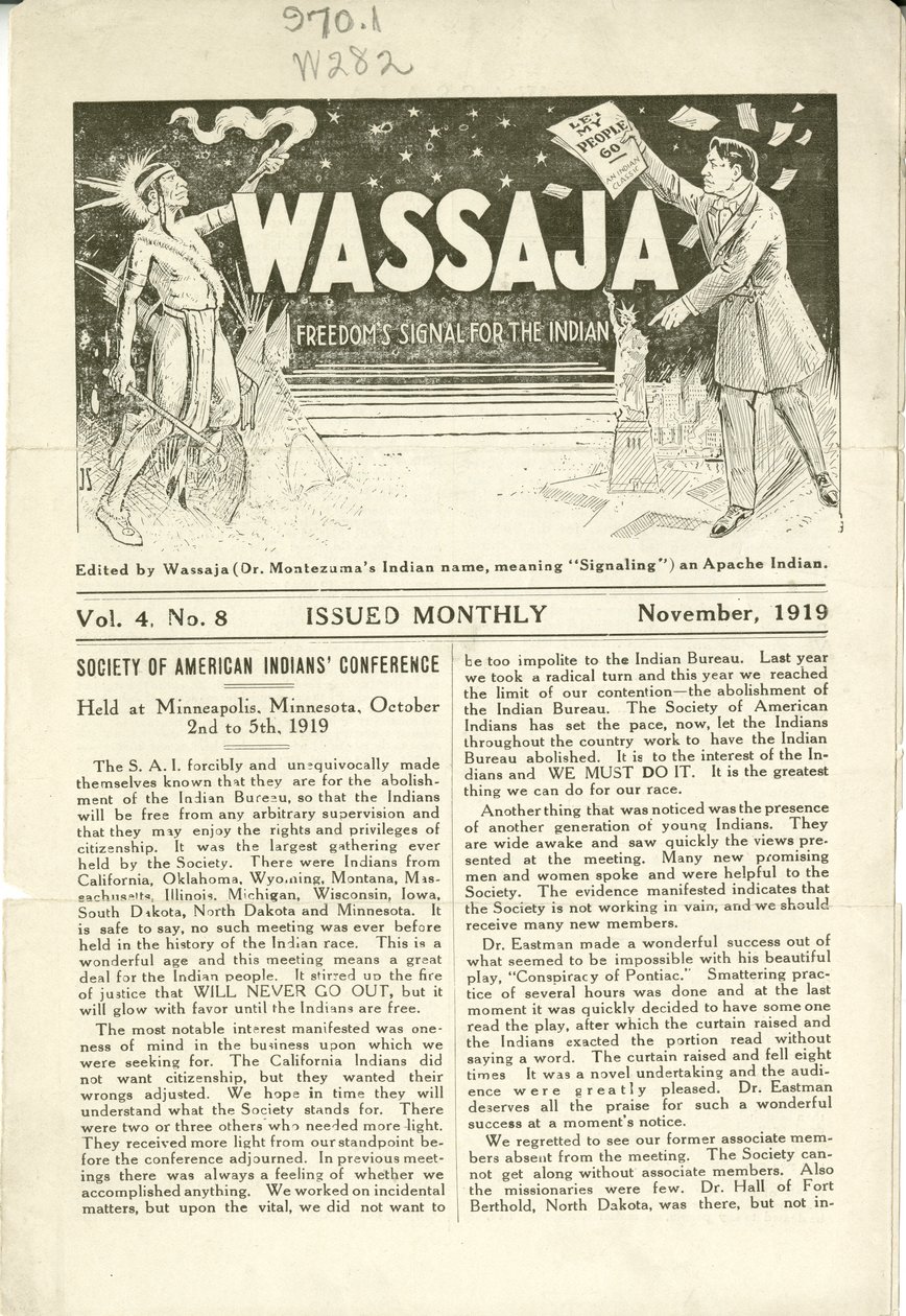 Issue of Wassaja, Voi. 4, nro 8, marraskuu 1919 tekijältä Carlos Montezuma