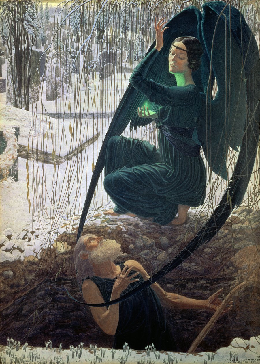 Kuolema ja haudankaivaja, 1900 (guassi, akvarelli ja kynä) tekijältä Carlos Schwabe
