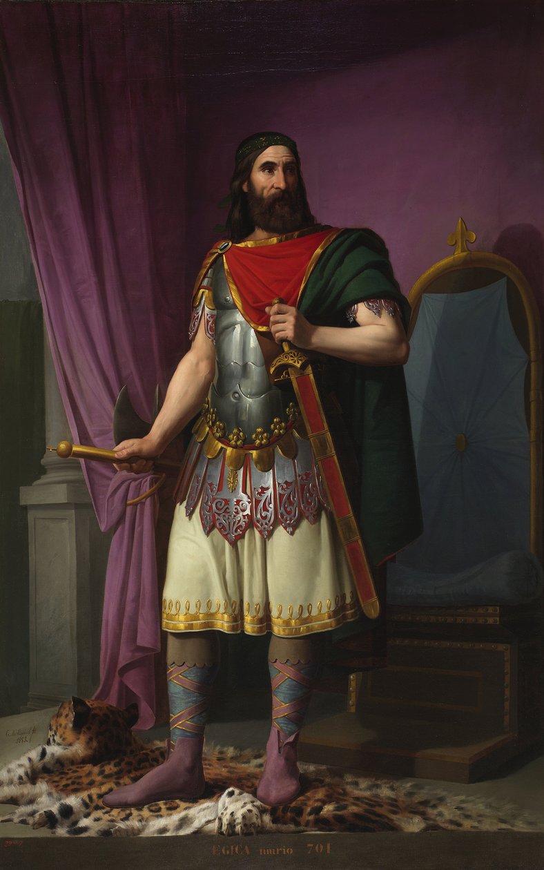 Muotokuva Espanjan wisigoottien kuninkaan Egican (tai Egicca, Egiza, Ergica) (687-702) (wisigoottilainen kuningas Egica) maalaus Carlos Maria Esquivel y Rivas (1830-1867) 1853 Palace of Courts Madrid tekijältä Carlos Maria Esquivel