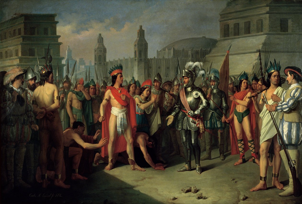 Guatimocinin vangitseminen Hernan Cortesin joukkojen toimesta, 1856 tekijältä Carlos Maria Esquivel
