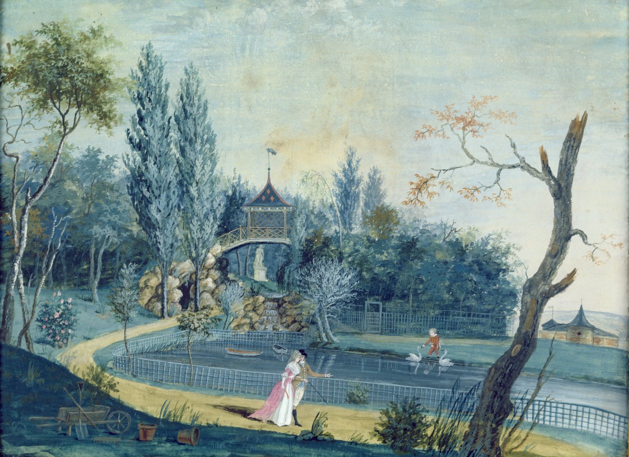 Järvi ja kiinalainen paviljonki Le Raincyn puistossa, n. 1754-1793 tekijältä Louis Carrogis dit Carmontelle