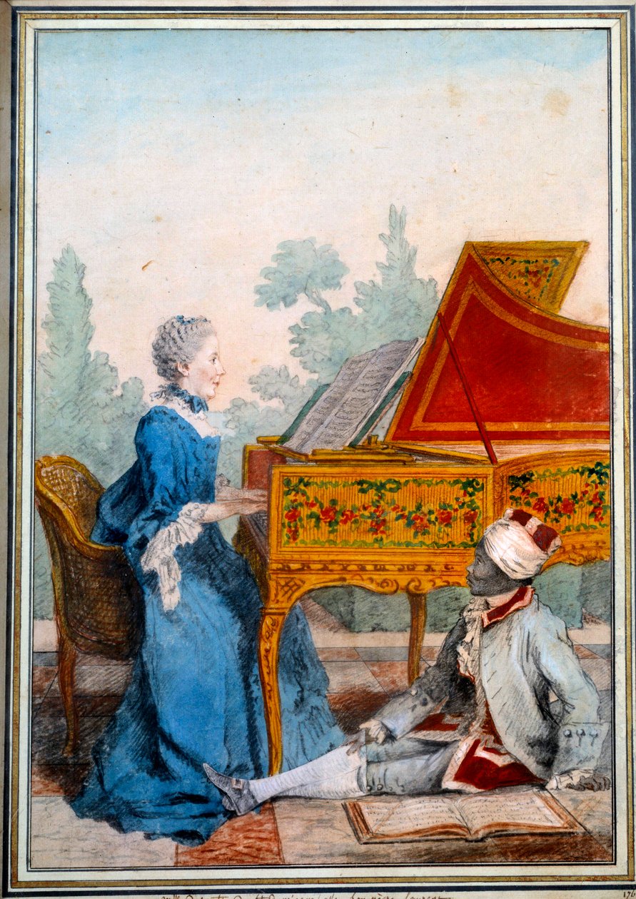 Muotokuva Saint Dominguen neiti Desgotsista cembalossa ja hänen orjansa Laurent Watercolour, Louis Carrogis Carmontelle tekijältä Carmontelle