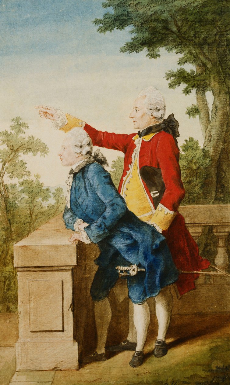 Saksi-Gothan ruhtinas opettajansa, Baron d"Hel...terassilla, 1768 tekijältä Carmontelle