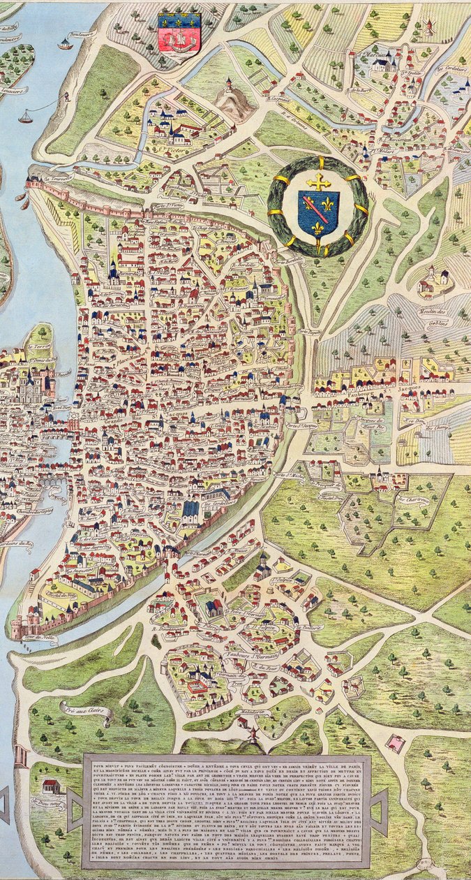 Yksityiskohta vasemmasta rannasta, Pariisin kartalta c. 1540, joka tunnetaan nimellä Plan de la Tapisserie, tehty kuvakudoksena n. 1570, 1818 värikaiverrus tekijältä Caroline Naudet