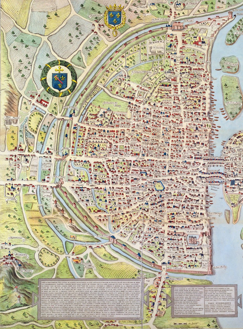 Yksityiskohta oikeasta rannasta, Pariisin kartalta c. 1540, joka tunnetaan nimellä Plan de la Tapisserie, valmistettu kuvakudoksena c. 1570, 1818 värikaiverrus tekijältä Caroline Naudet