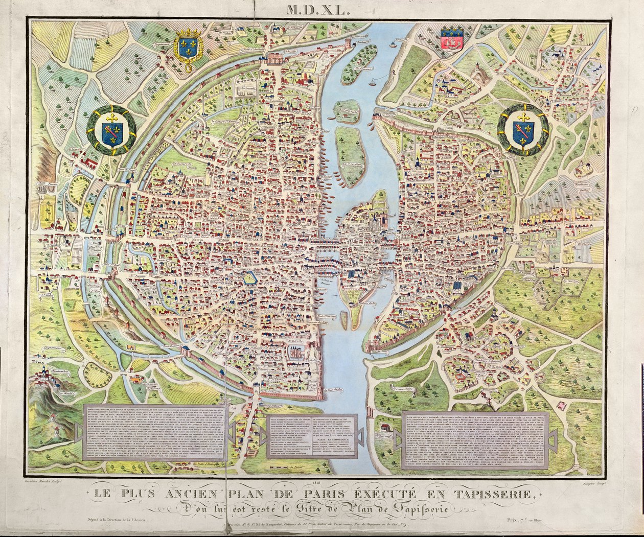 Pariisin kartta n. 1540, joka tunnetaan nimellä Plan de la Tapisserie, tehty kuvakudoksena n. 1571, 1818 (värikaiverrus) tekijältä Caroline Naudet