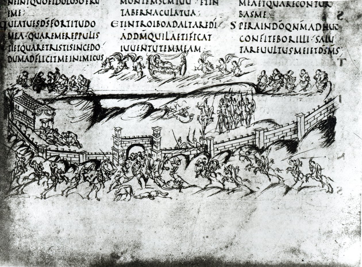 Kuvitus erilaisista kohtauksista Psalmista 43, mukaan lukien säe Herätkää, miksi nukut, oi Herra?, Utrechtin Psalterista, kopio alkuperäisestä Reimsistä nyt Utrechtin yliopiston kirjastossa (kynä & i tekijältä Carolingian School