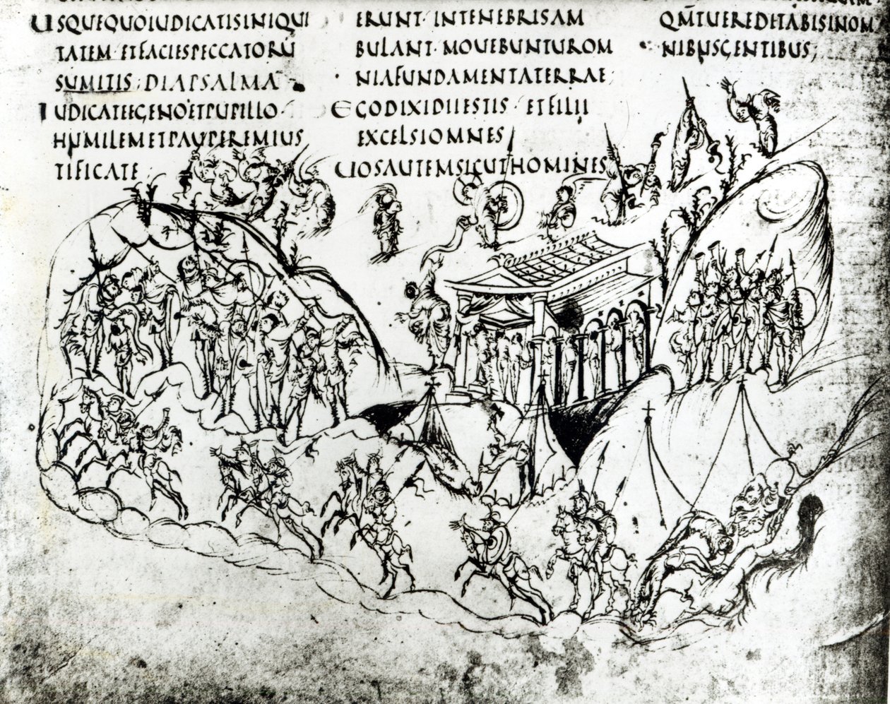 Useita psalmia kuvaavia kohtauksia, Utrechtin psalmista, kopio alkuperäisestä Reimsistä nyt Utrechtin yliopiston kirjastossa (kynä ja muste) tekijältä Carolingian School