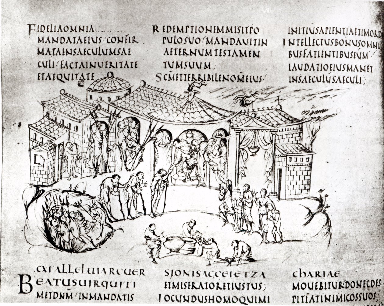 Useita psalmia kuvaavia kohtauksia, Utrechtin psalmista, kopio alkuperäisestä Reimsistä nyt Utrechtin yliopiston kirjastossa (kynä ja muste) tekijältä Carolingian School