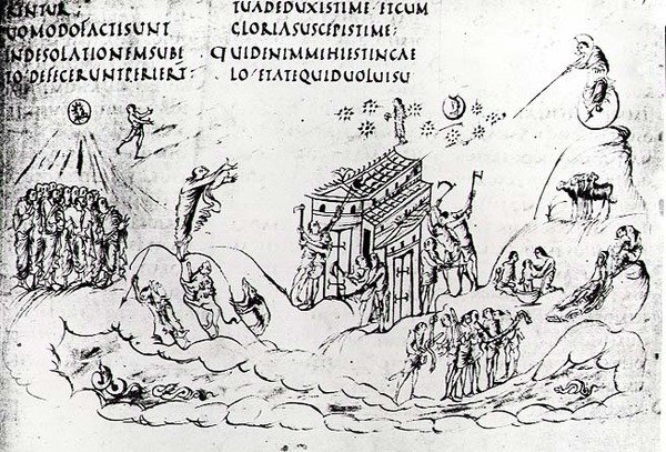 Eri kohtauksia, jotka kuvaavat yhtä psalmeista, Utrecht Psalterista, kopio alkuperäisestä Reimsistä nyt Utrechtin yliopiston kirjastossa (kynä ja muste) tekijältä Carolingian School