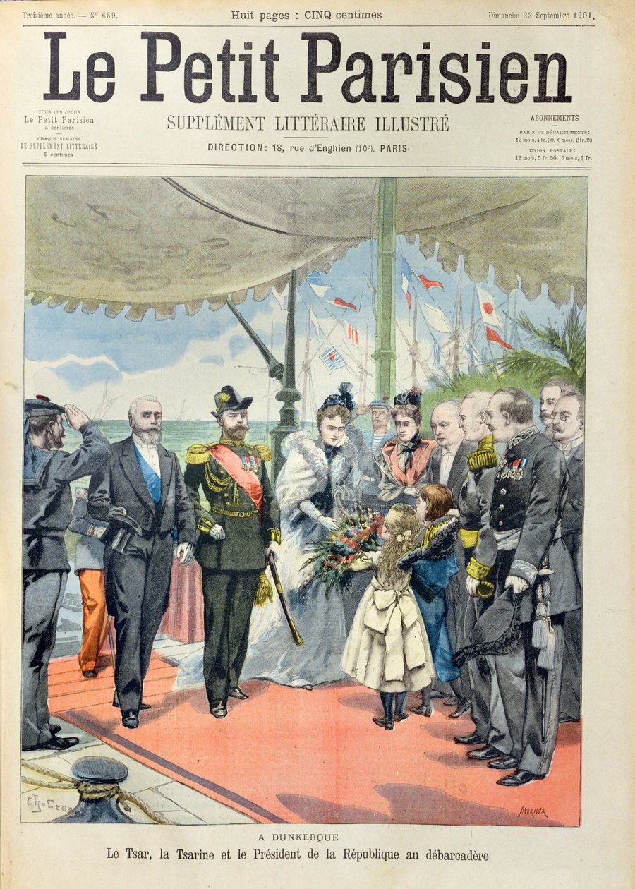Presidentti Loubet toivottaa tsaari Nikolai II:n vaimonsa tsaariina Alexandran tervetulleeksi Dunkerquessa, Le Petit Parisien -lehden kansi, 22. syyskuuta 1901 tekijältä Carrey