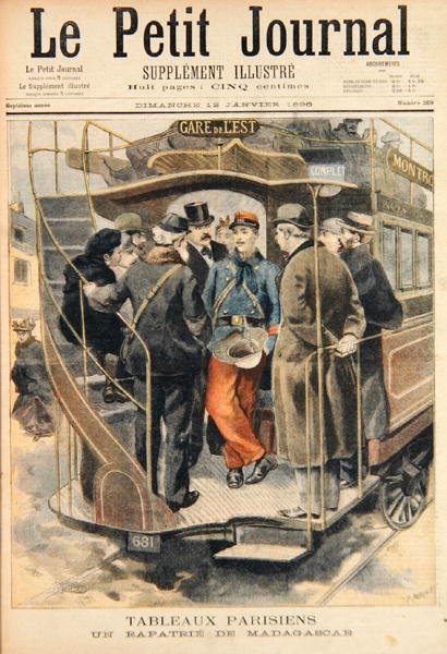 Kotiin siirretty sotilas Madagaskarilta, Fortune-Louis Meaullen (1844-1901) kaivertama kuva Le Petit Journalista, 12. tammikuuta 1896 (värikaiverrus) tekijältä Carrey