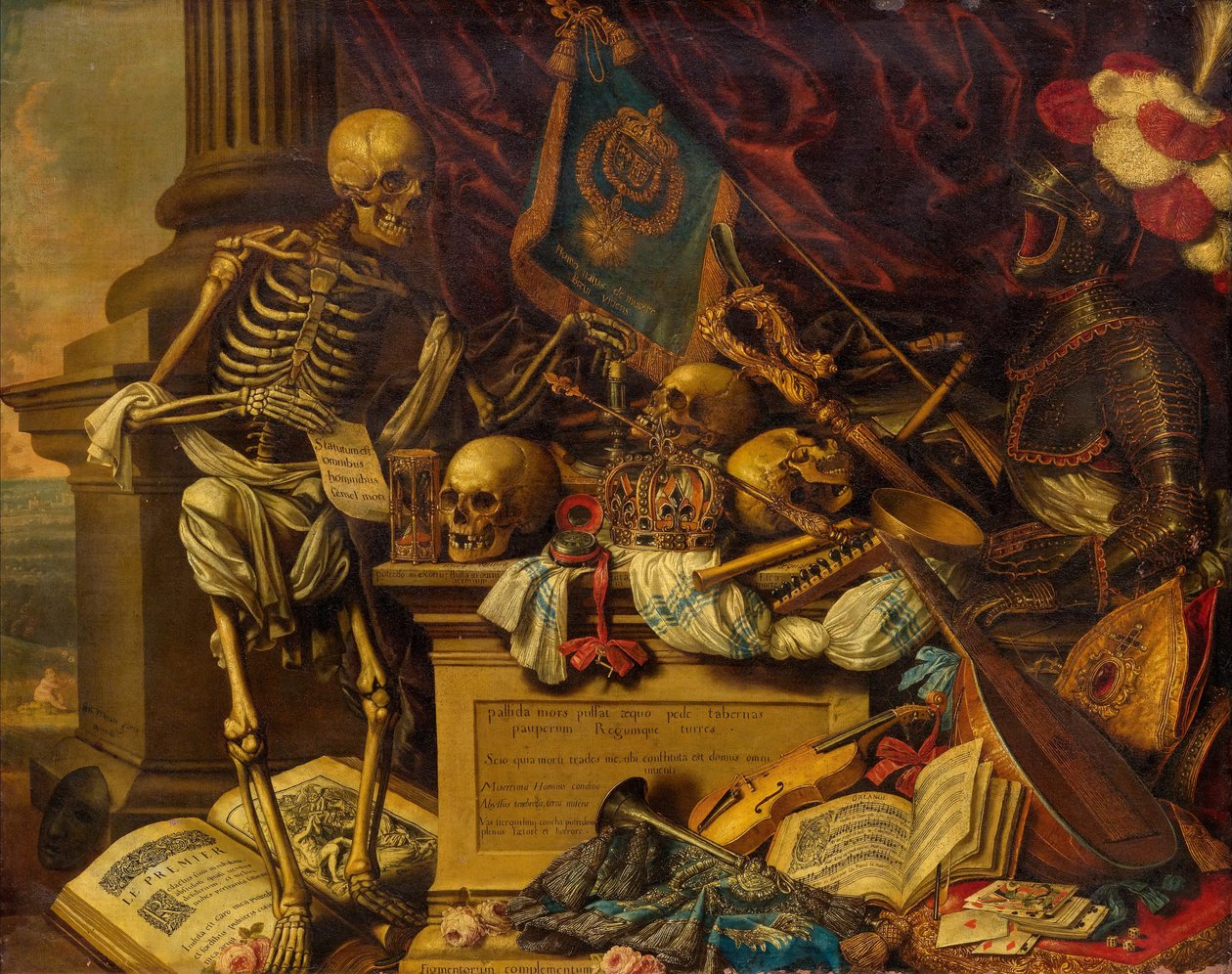 Vanitas asetelma soittimilla, kirjoilla, nuotit, luuranko, kallo ja panssari, 17. v. tekijältä Carstian Luyckx
