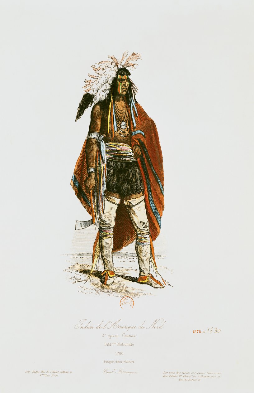 Pohjois-Amerikan intiaani, kirjasta "Modes et Costumes Historiques", kaivertanut Hippolyte Louis Pauquet (1797-s.1862) 1862 tekijältä Cartias