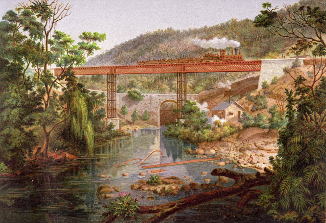 Railway Bridge at Atoyac, Antonio Garcia Cubasin "Album of the Mexican Railway", julkaistu 1878 (chromolitho) tekijältä Casimiro Castro