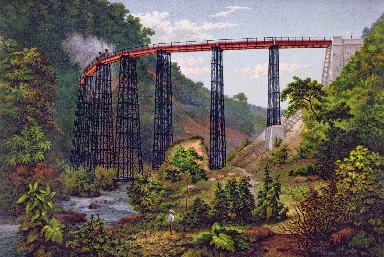 Railway Bridge at Metlac, Antonio Garcia Cubasin "Album of the Mexican Railway", julkaistu 1878 (chromolitho) tekijältä Casimiro Castro