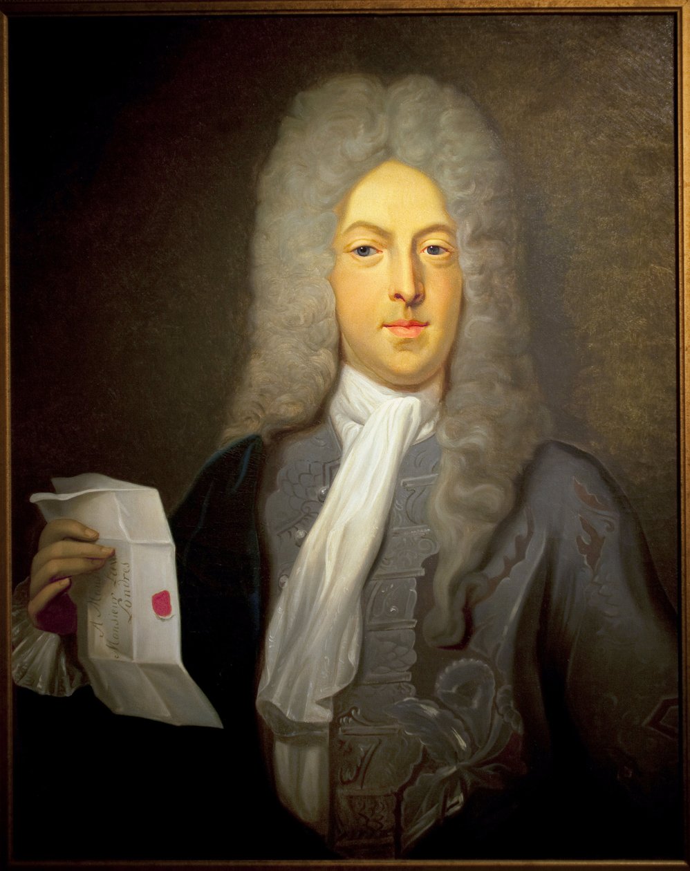 John Lawn (1671-1729) muotokuva, skotlantilainen rahoittaja ja talouden valvoja Ranskassa, vastuussa vuoden 1720 konkurssista. Casimir Balthazarin (1811-1875) maalaus, öljy kankaalle tekijältä Casimir de Balthasar