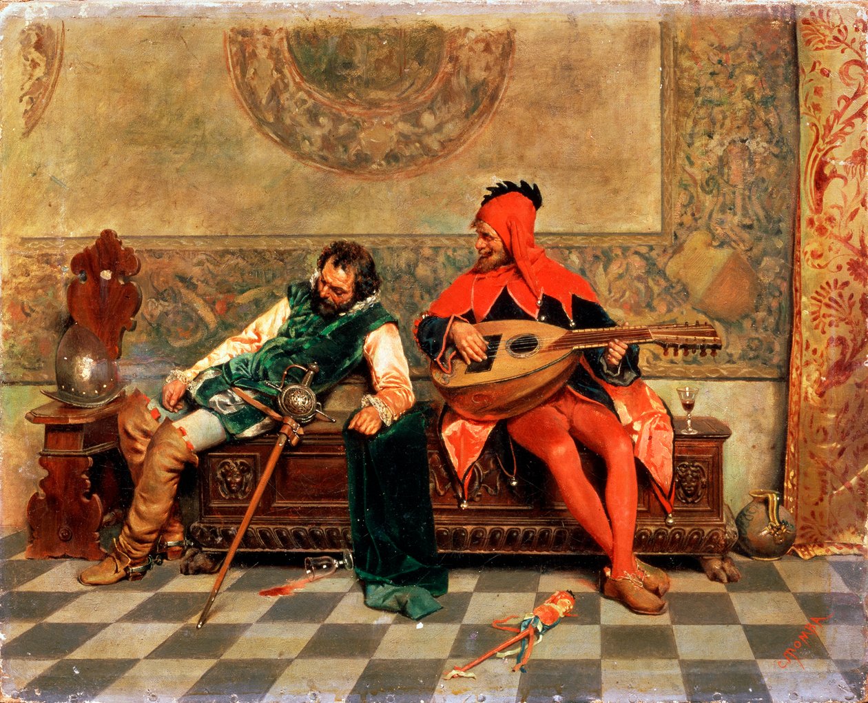 "Drunk Warrior and Court Jester", italialainen maalaus 1800-luvulta. tekijältä Casimiro Tomba