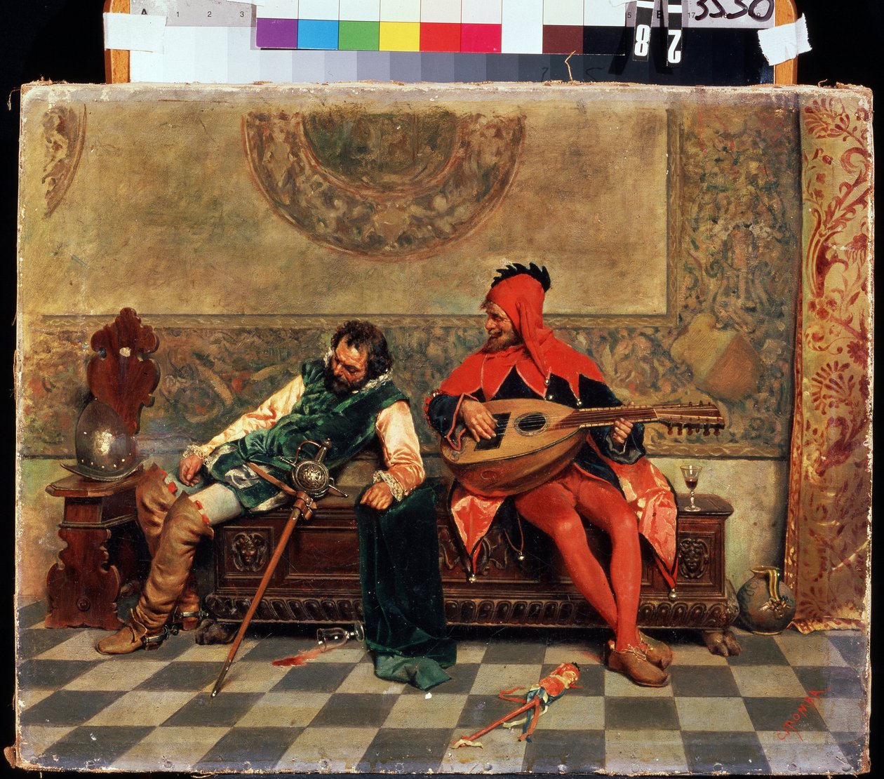 Humalassa soturi ja hovin huijari. Casimiro Tomban (1857-1929) maalaus. Öljy kankaalle, 37 x 47 cm. 1800-luvun italialaista taidetta. M. Kroshitskyn taidemuseo, Sevastopol. tekijältä Casimiro Tomba