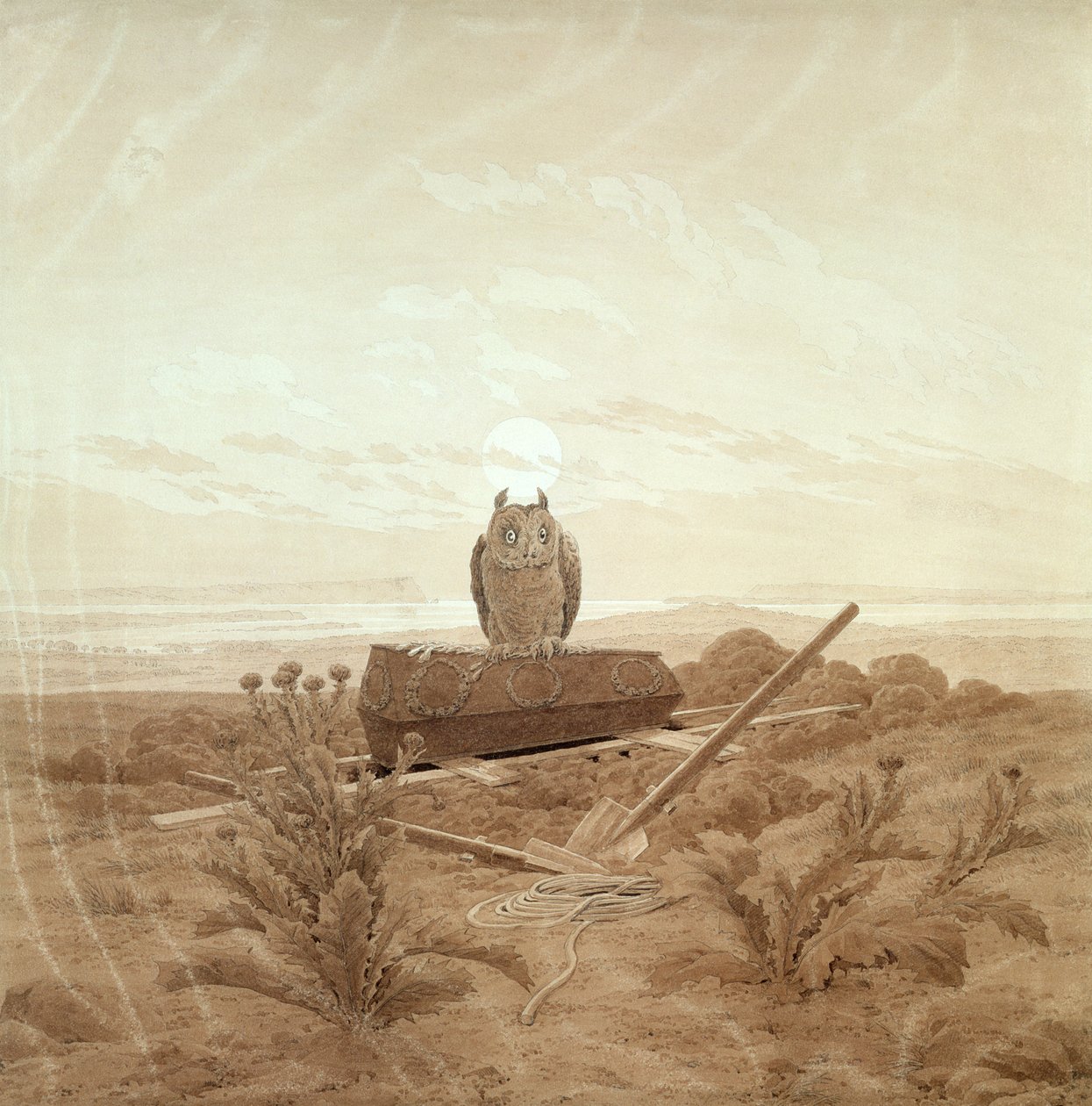 Maisema hauta, arkku ja pöllö (seepiamuste ja kynä paperilla) tekijältä Caspar David Friedrich