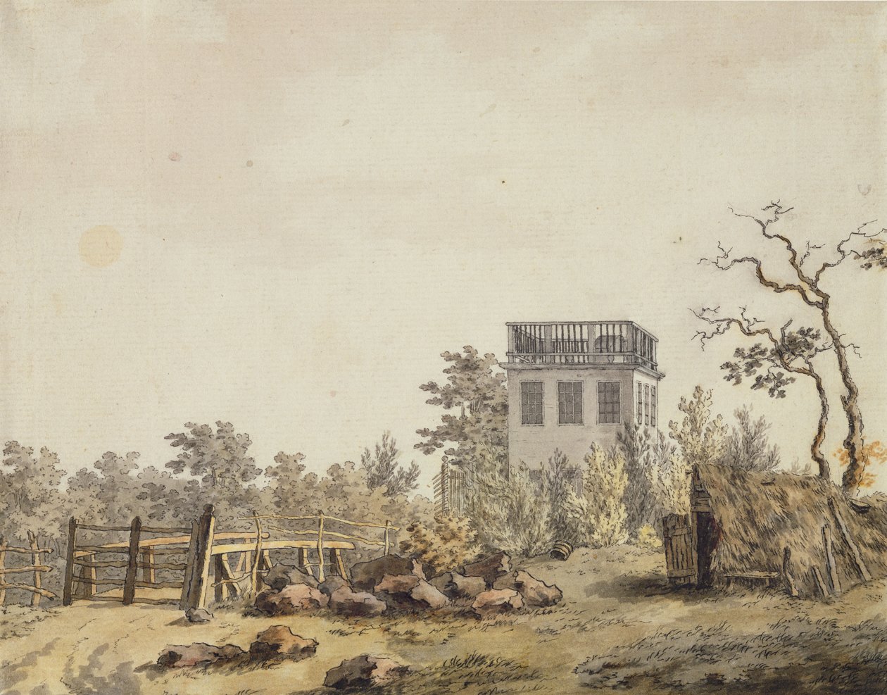 Maisema paviljongin kanssa, c. 1797 (kynä, muste ja wc paperilla) tekijältä Caspar David Friedrich
