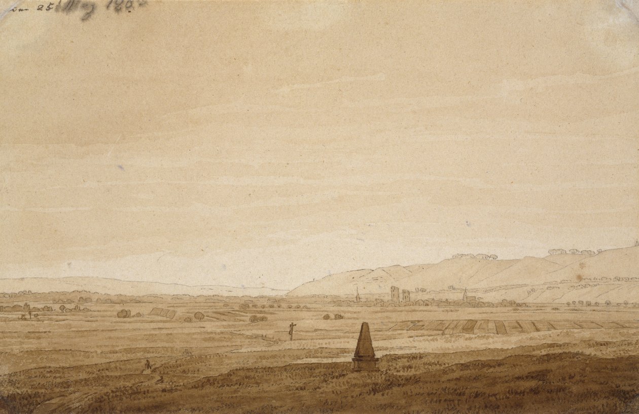 Maisema obeliskillä, 1803 (siveltimen kärki ruskealla musteella ja seepia luonnonvalkoisella paperilla) tekijältä Caspar David Friedrich