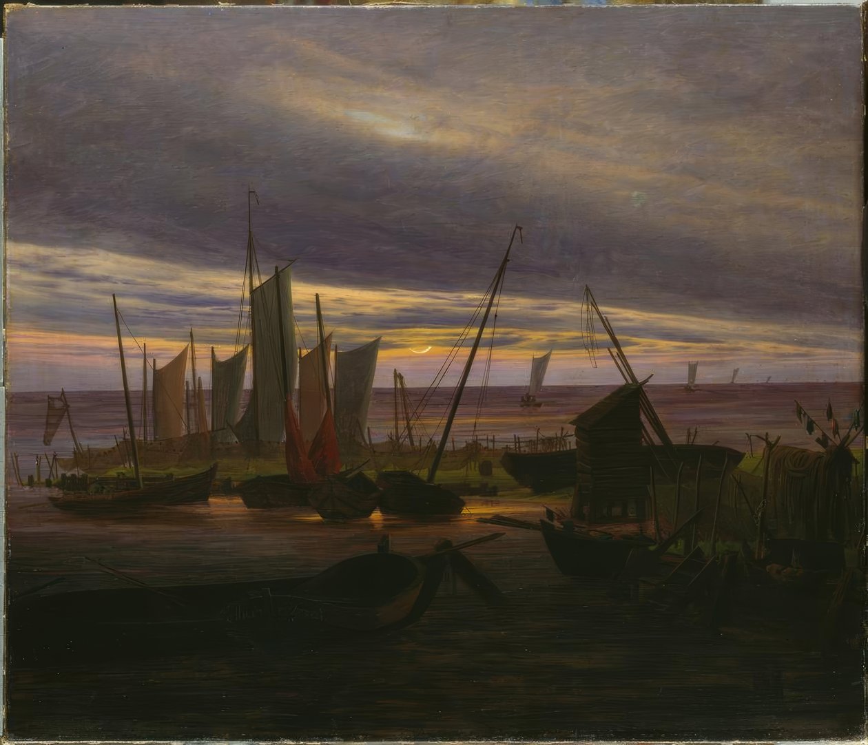 Schiffe im Hafen am Abendissa tekijältä Caspar David Friedrich