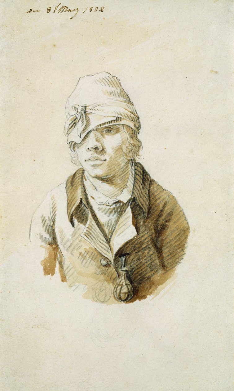 Omakuva lippalla ja silmälapulla, 8. toukokuuta 1802 (kynä, sivellin ja wc paperilla) tekijältä Caspar David Friedrich