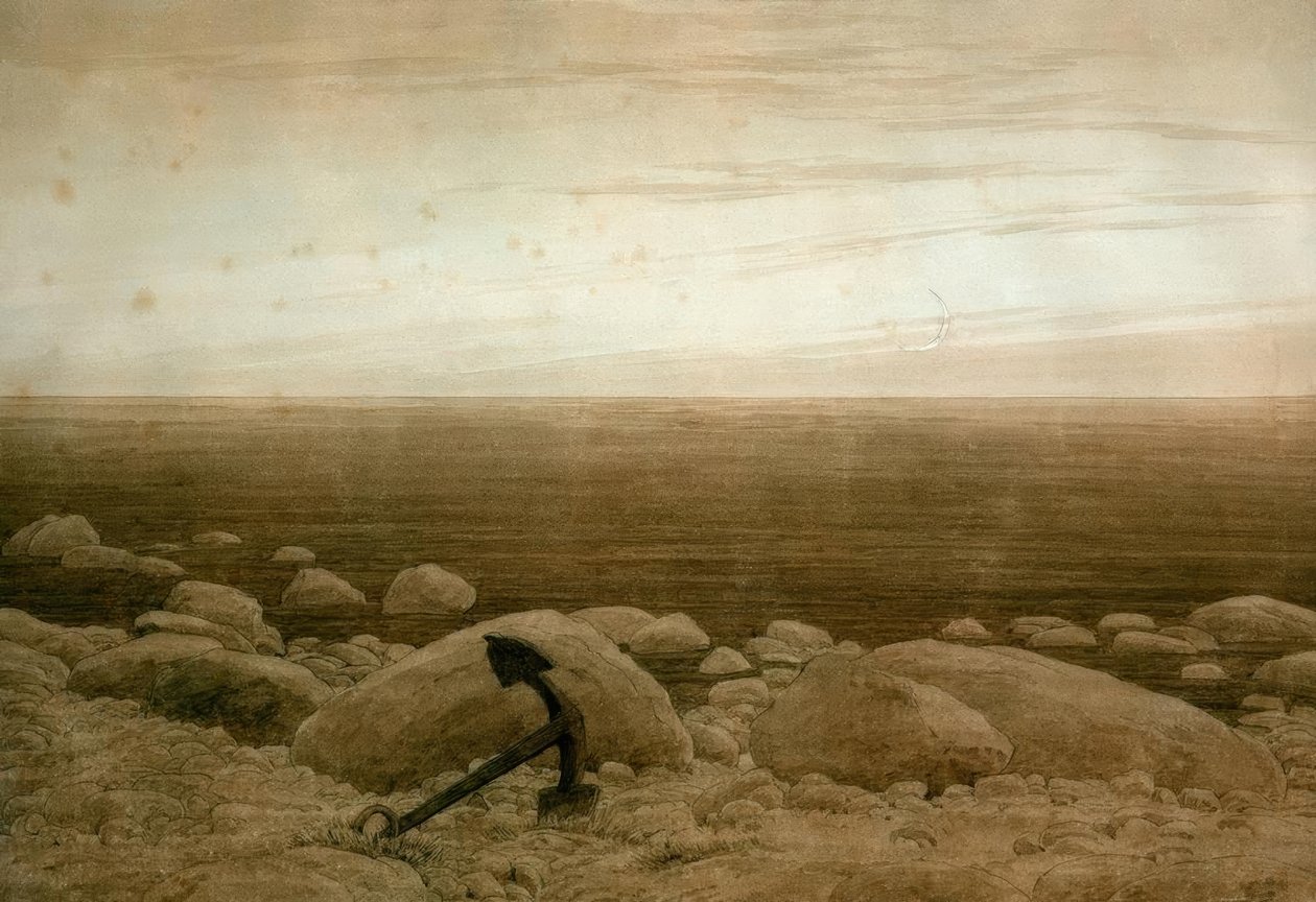 Steiniger Strand mit Anker und Mondsichel tekijältä Caspar David Friedrich