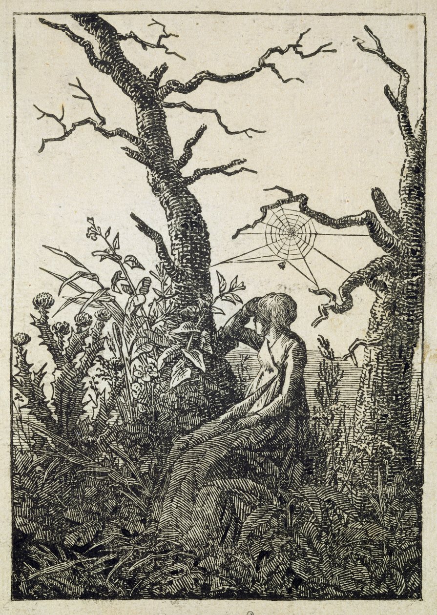 Nainen hämähäkinverkko keskellä lehtittömiä puita tekijältä Caspar David Friedrich