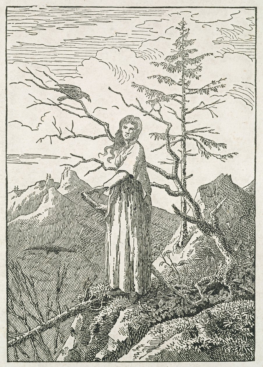 Nainen korpin kanssa jyrkänteen reunalla tekijältä Caspar David Friedrich