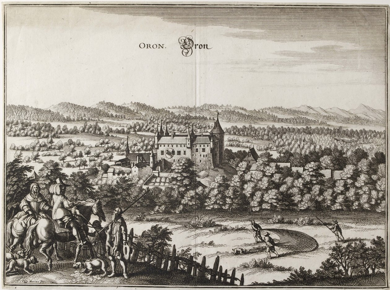 Näkymä Oronin linnalle, Sveitsi, 1653 tekijältä Caspar Merian