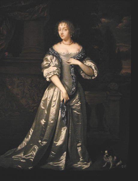 Muotokuva lady Philippa Stantonista ja hänen koirastaan seisomassa terassilla veistetyn friisin luona (öljy kankaalle) tekijältä Caspar (studio of) Netscher
