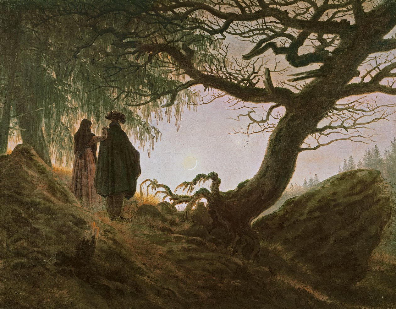 Mies ja nainen miettivät kuuta, Caspar David Friedrich (1774-1840) tekijältä Caspar David Friedrich