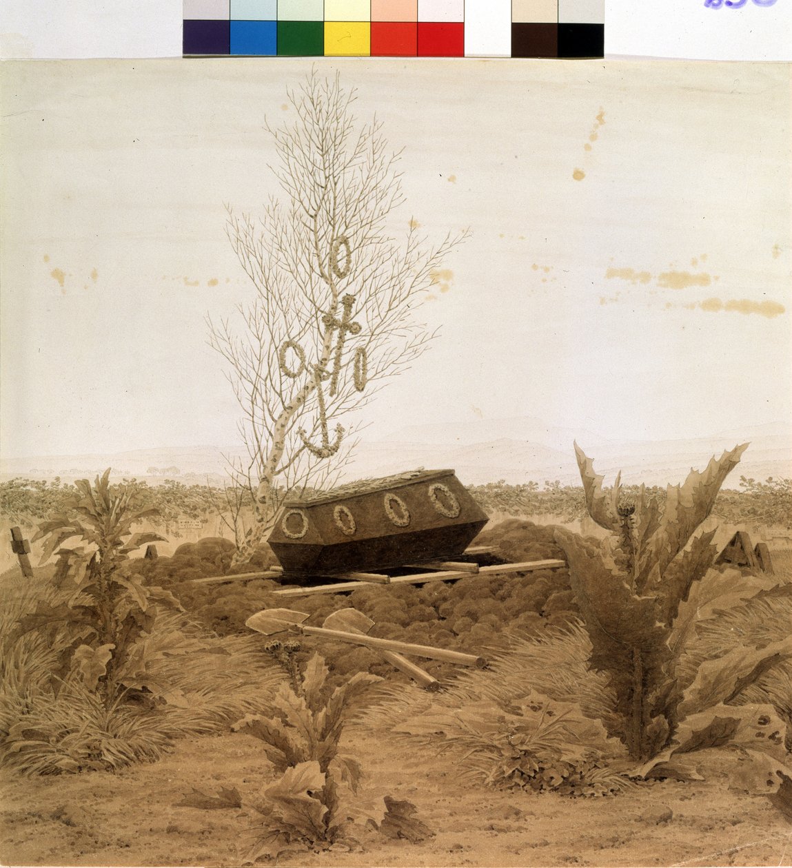 "Haudan reunalla" Arkku, jota ollaan laskemassa haudan pohjalle. Caspar David Friedrichin (1774-1840) kynäpiirros noin 1830 Pushkin-museo, Moskova tekijältä Caspar David Friedrich